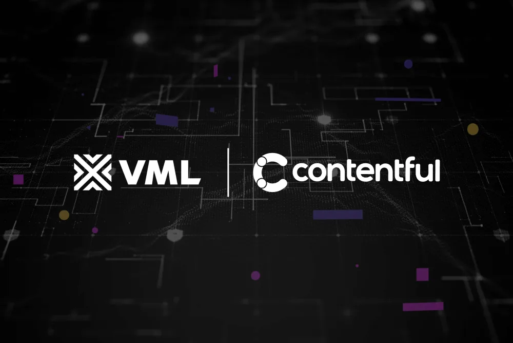 VML and Contentful logos on dark tech-inspired background with purple and gold geometric elements and circuit patterns