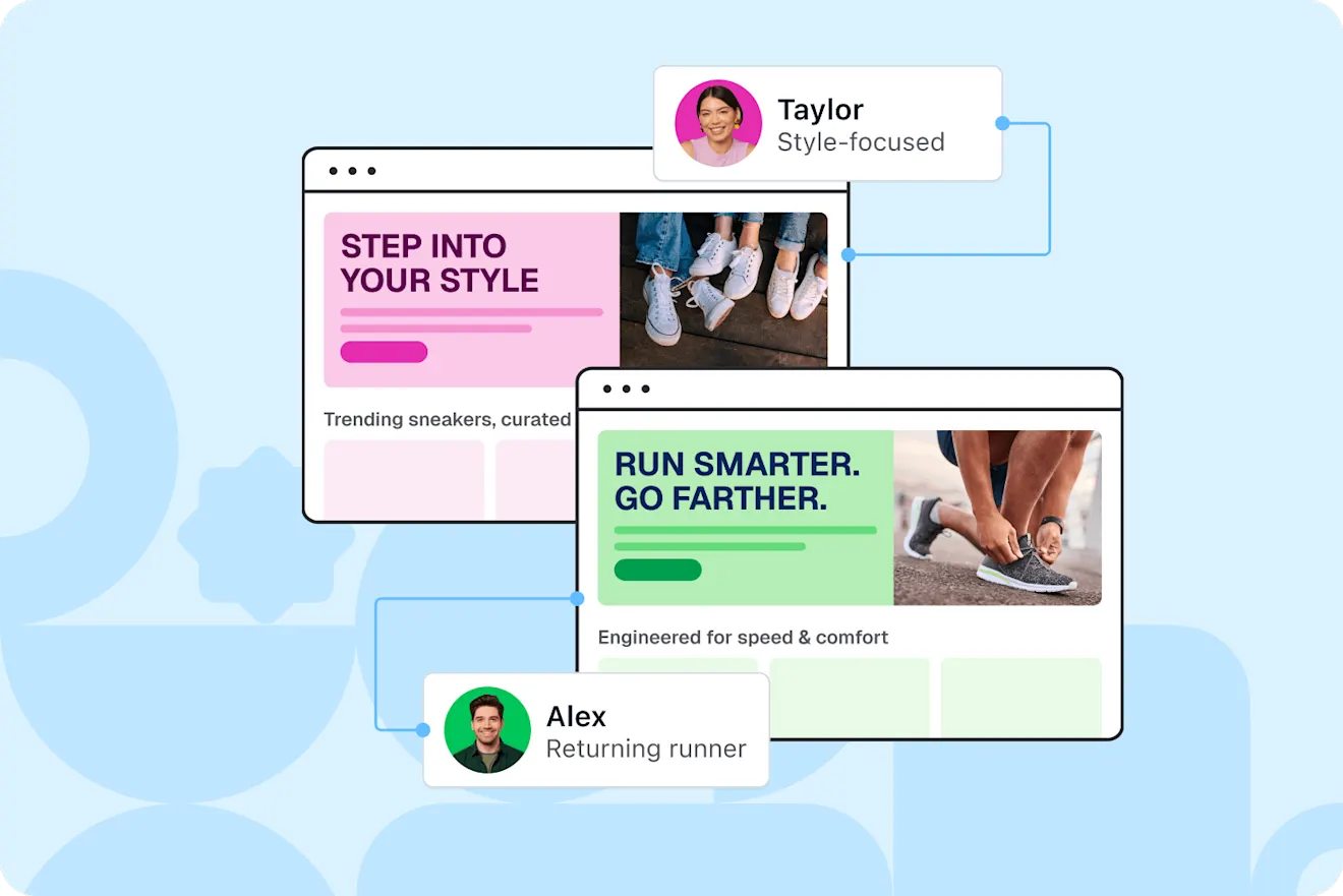 Two personalized sneaker web pages shown for user personas Taylor, style-focused, and Alex, a returning runner.