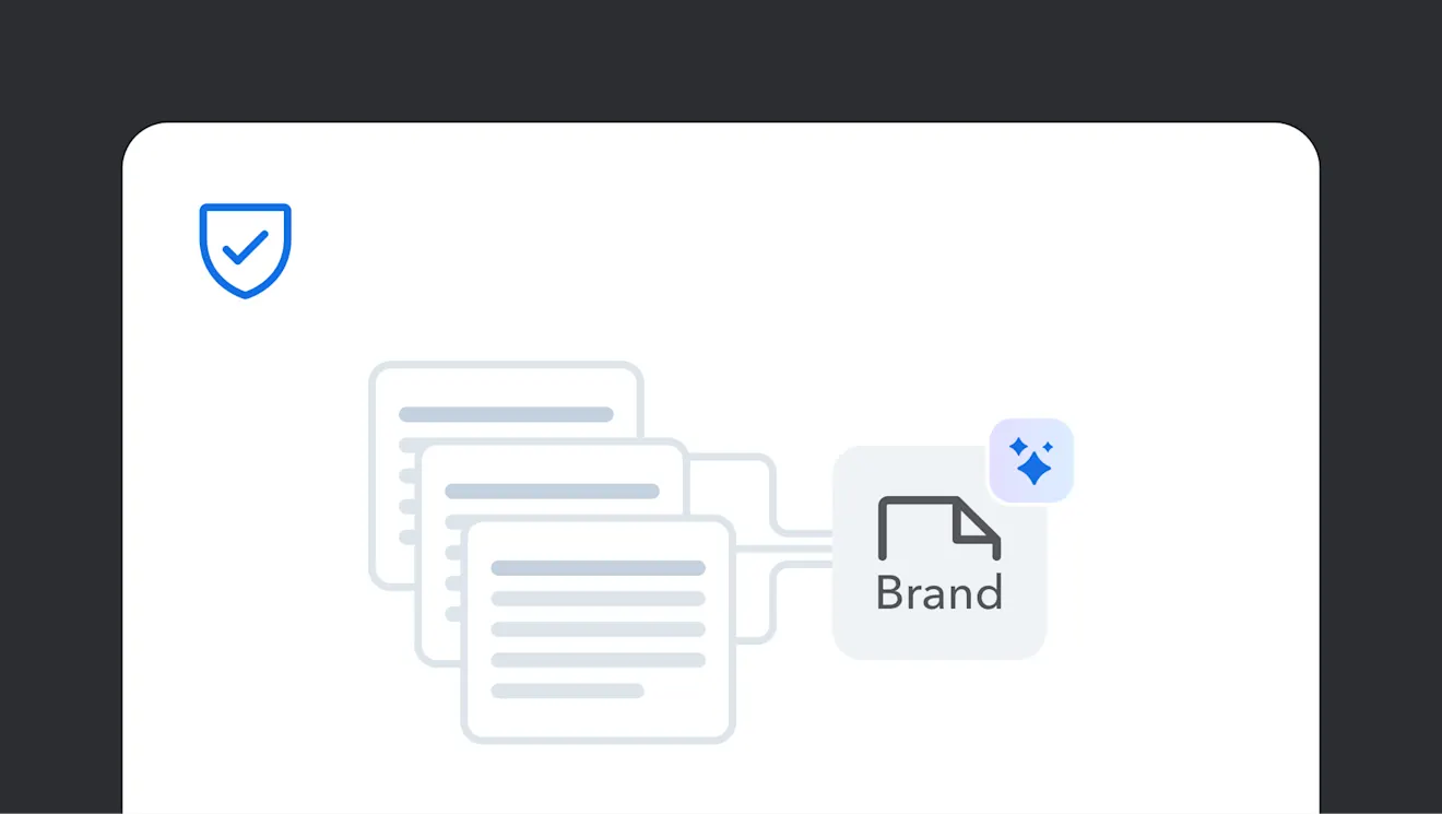 Multiple documents connecting to a Brand file icon with an AI sparkle badge, and a blue shield checkmark in the corner.