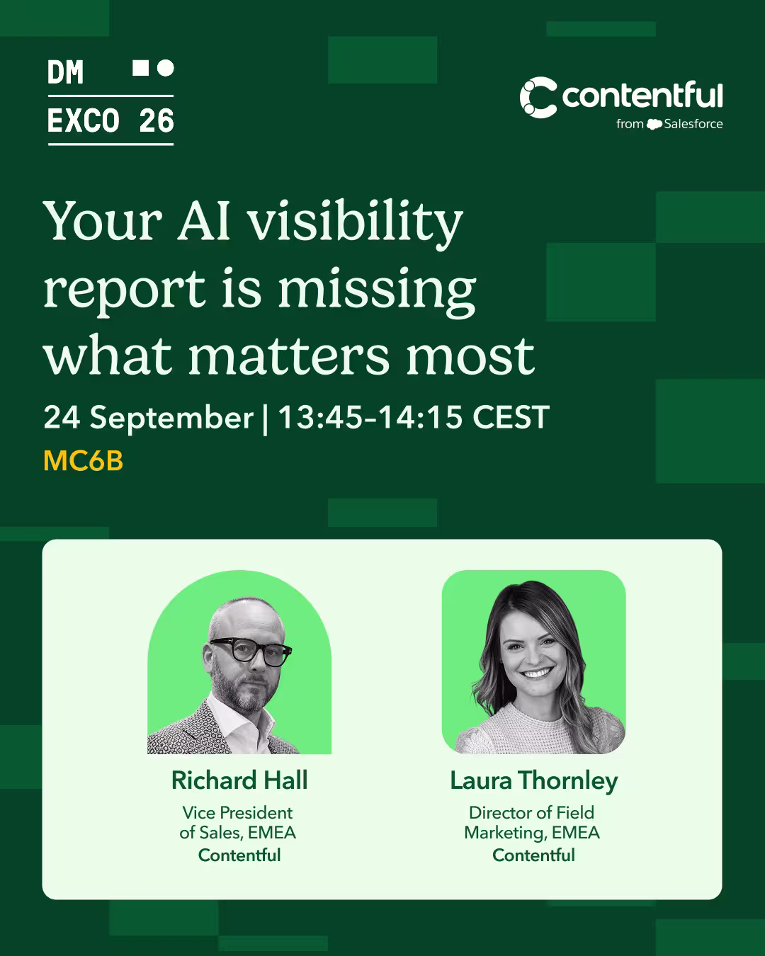 DMEXCO 26 session promo: How Mercedes-Benz is rethinking content at global scale, featuring Axel Griesinger and Laura Thornley.