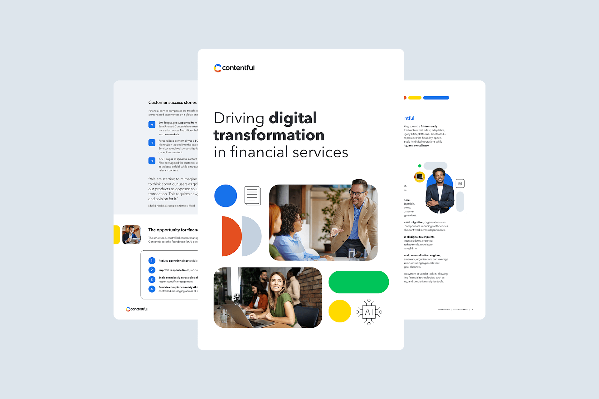 Marketing brochure pages showing digital transformation in financial services with business professionals in office settings