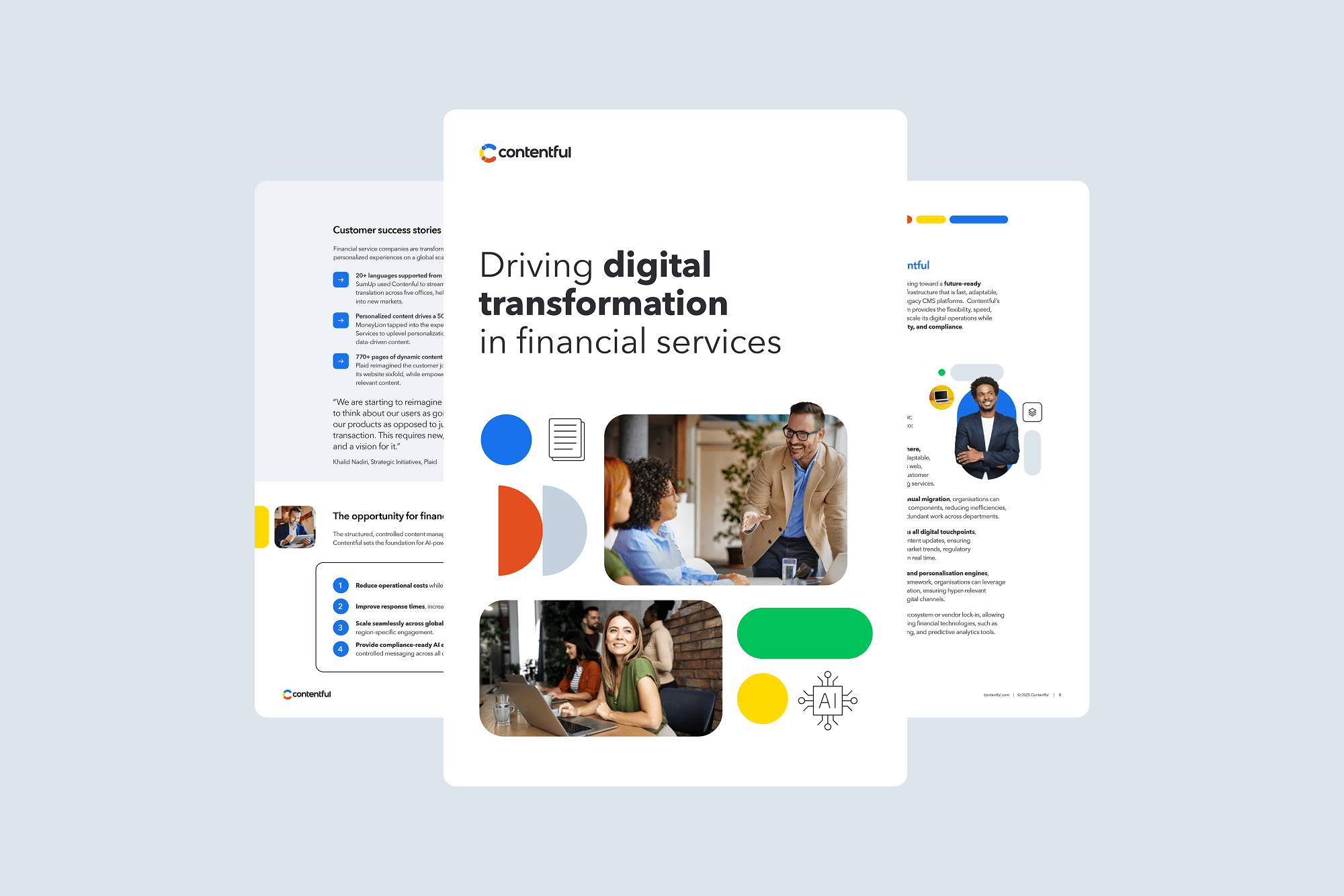 Marketing brochure pages showing digital transformation in financial services with business professionals in office settings