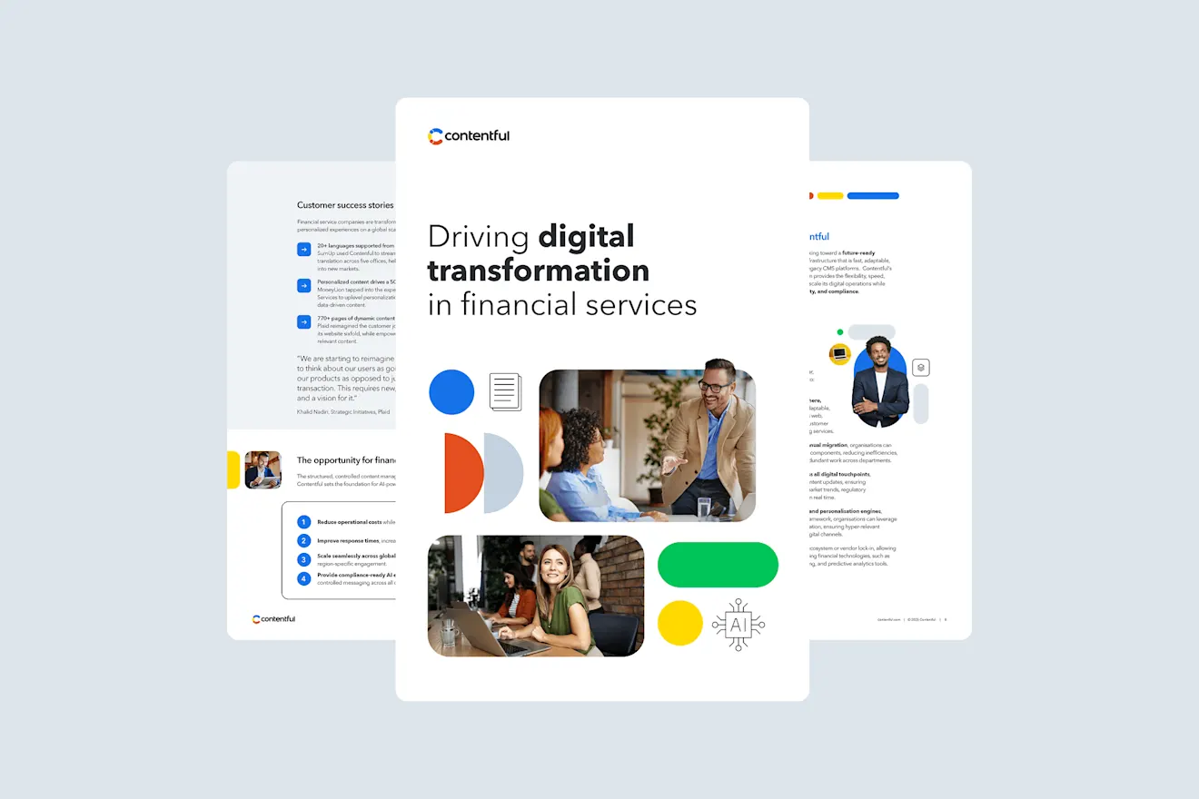 Marketing brochure pages showing digital transformation in financial services with business professionals in office settings