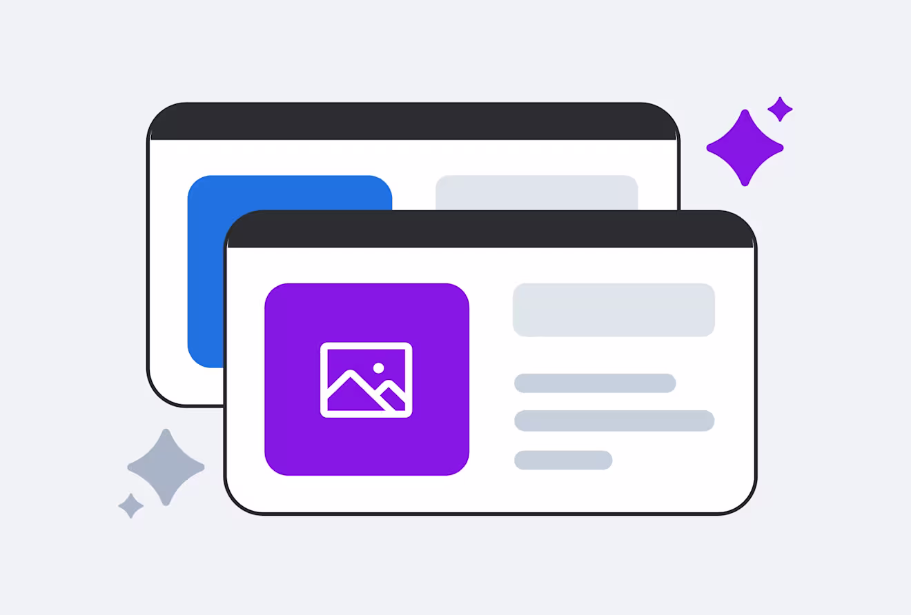 Overlapping mobile app screens with image placeholder icons in blue and purple, decorated with sparkle elements