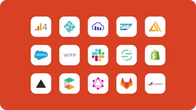 Grid of 15 tech company logos including Salesforce, SAP, Shopify, and WPP on an orange background, arranged in three rows