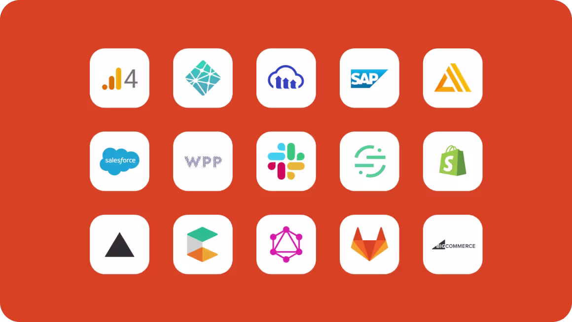 Grid of 15 tech company logos including Salesforce, SAP, Shopify, and WPP on an orange background, arranged in three rows