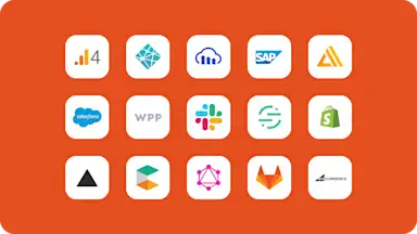 Grid of 15 tech company logos including Salesforce, SAP, Shopify, and WPP on an orange background, arranged in three rows