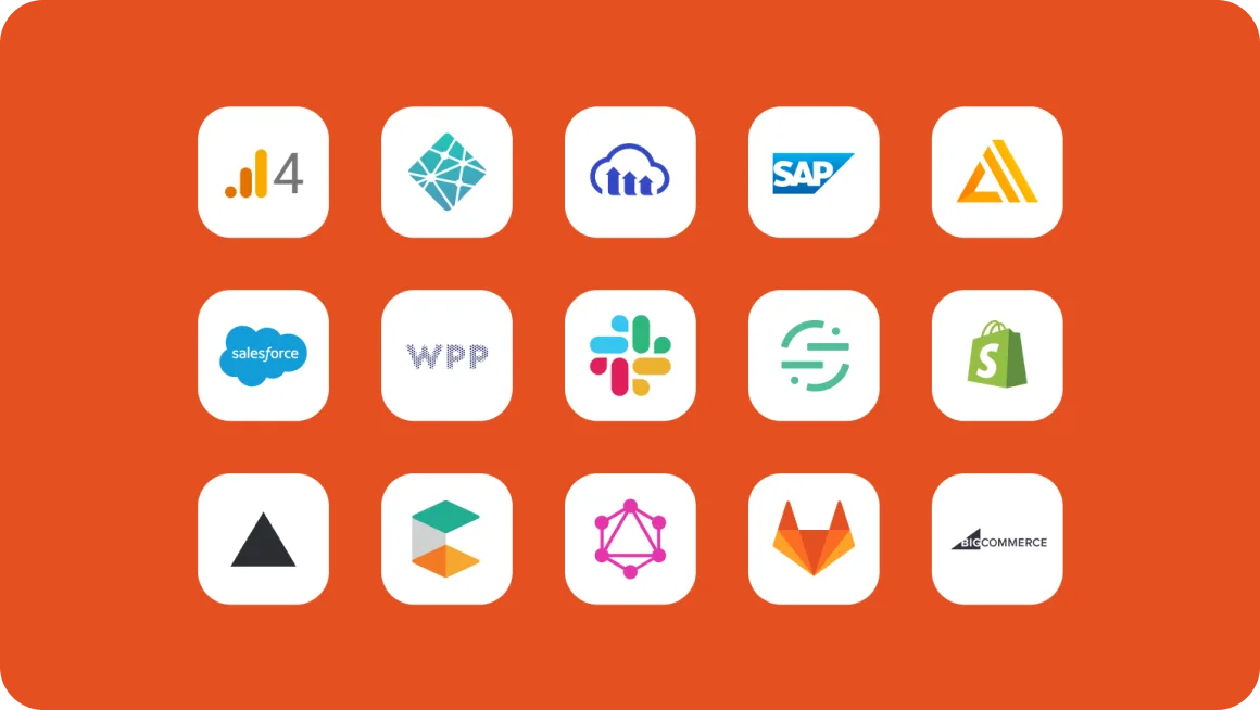 Grid of 15 tech company logos including Salesforce, SAP, Shopify, and WPP on an orange background, arranged in three rows