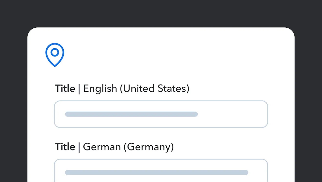 Form interface showing title fields in English (United States) and German (Germany) with a blue location pin icon at the top