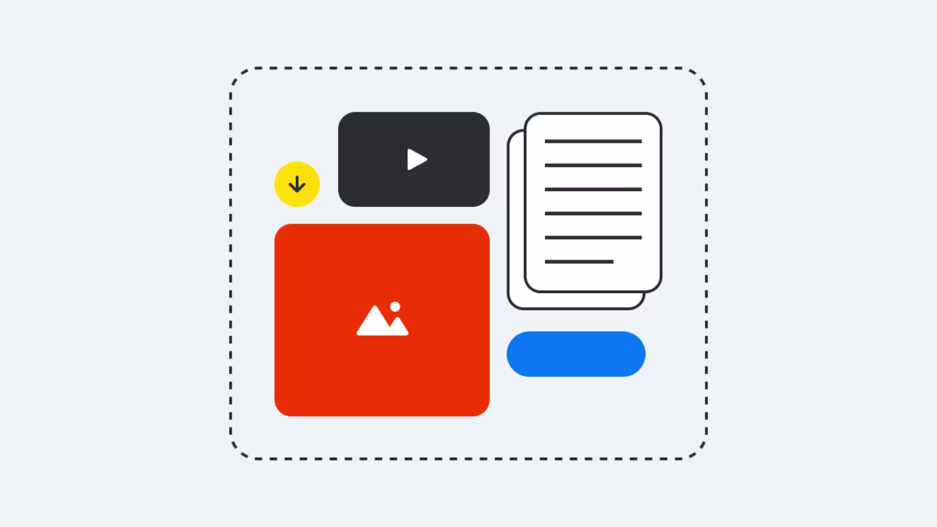 Composite image arrangement showing image, video and text icons.