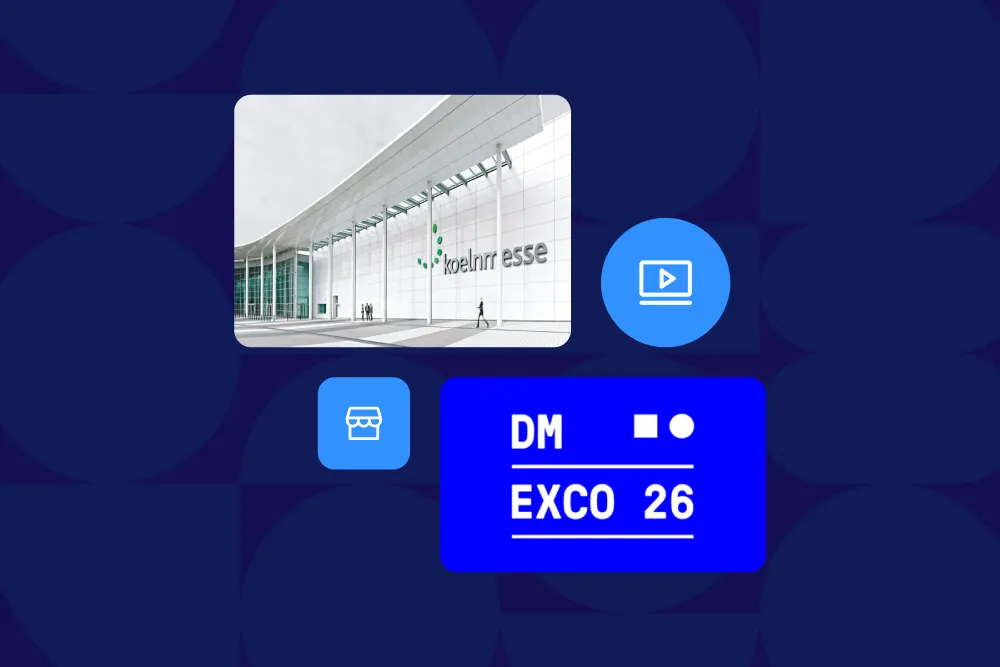 Koelnmesse venue photo with DMEXCO 26 branding, a video play icon, and a store icon on a dark blue background.