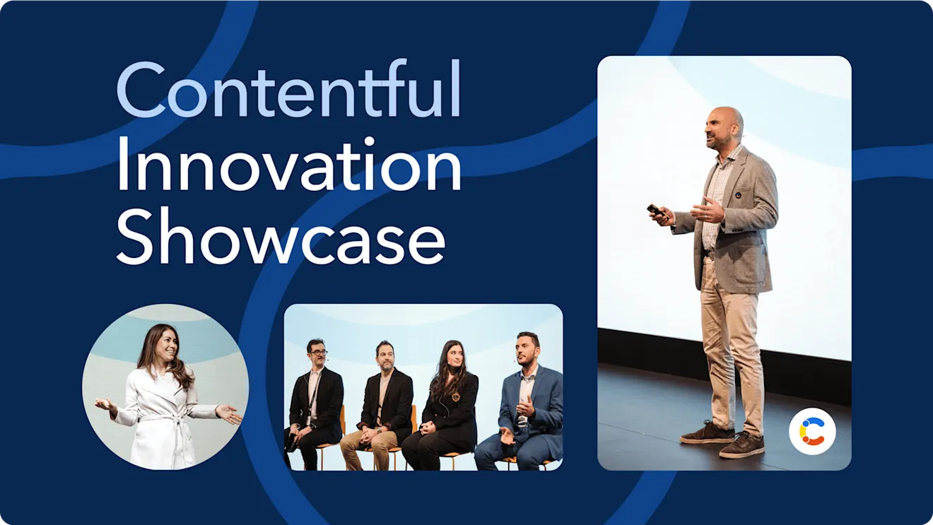 Business professionals presenting at "Contentful Innovation Showcase" event, shown speaking and on panel against blue background design