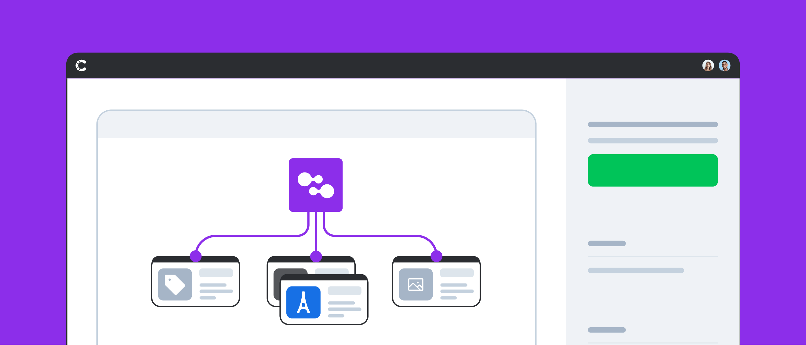 Illustration showing a purple connection hub linking three content cards with icons for tags, text, and images