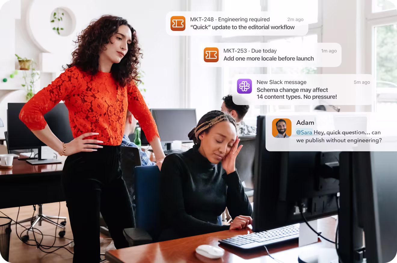 Two colleagues at a desk in an open office; one stands with hand on hip looking at a monitor while the other sits typing with her hand on her forehead. Overlaid notification cards read "MKT-248 · Engineering required — 'Quick' update to the editorial workflow," "MKT-253 · Due today — Add one more locale before launch," a Slack message "Schema change may affect 14 content types. No pressure!," and a chat from Adam reading "@Sara Hey, quick question... can we publish without engineering?"