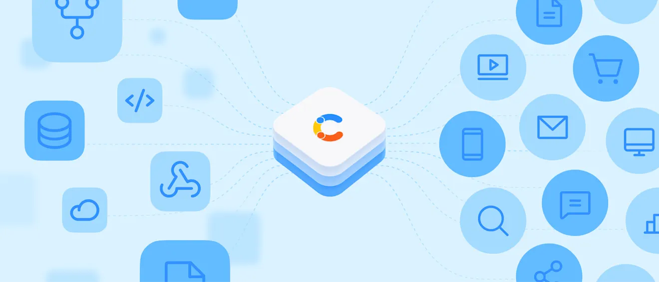 Isometric illustration of a white cube with the Contentful "C" logo on top, on a light blue background, connected by dashed lines to blue circular and rounded-square icons representing content types and channels: database, code, cloud, automation/flow, document, video, shopping cart, mobile phone, envelope, monitor, search, chat bubble, bar chart, and a share/network icon.