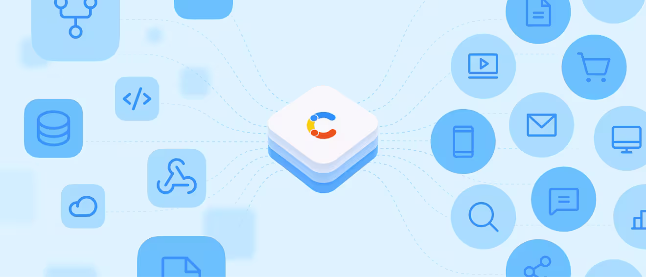 Isometric illustration of a white cube with the Contentful "C" logo on top, on a light blue background, connected by dashed lines to blue circular and rounded-square icons representing content types and channels: database, code, cloud, automation/flow, document, video, shopping cart, mobile phone, envelope, monitor, search, chat bubble, bar chart, and a share/network icon.