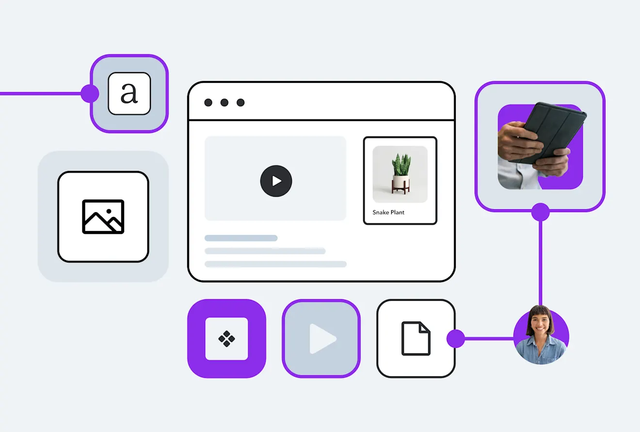 Illustration showing content management interface with icons for text, images, video player, and snake plant product thumbnail