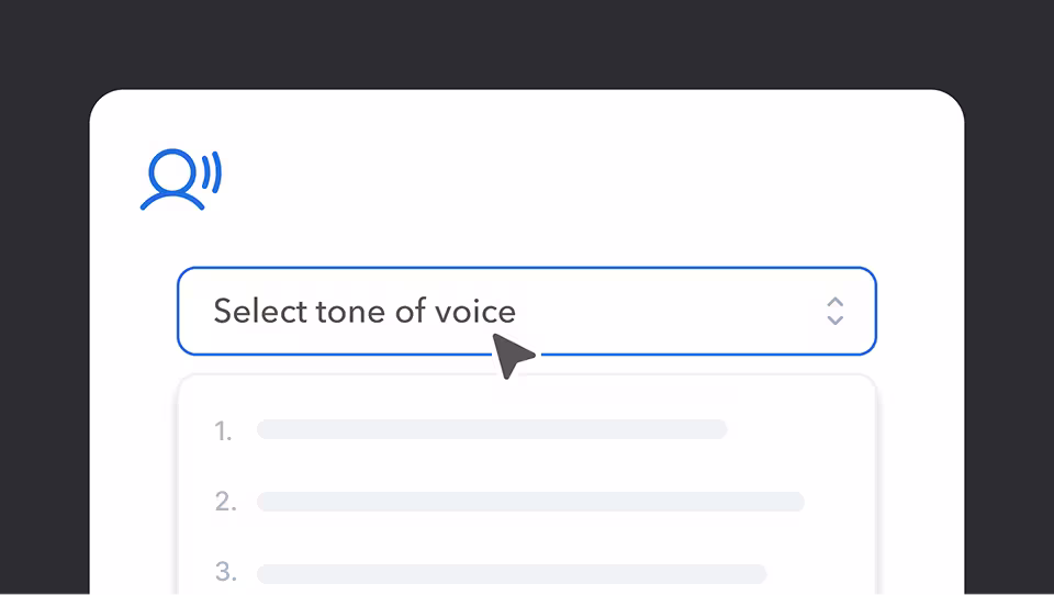 A dropdown menu interface showing "Select tone of voice" with a blue speaking icon above and numbered options below