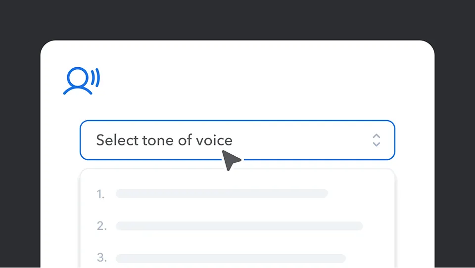 A dropdown menu interface showing "Select tone of voice" with a blue speaking icon above and numbered options below