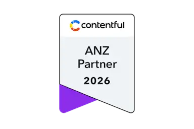 Contentful ANZ Partner 2026 badge with a ribbon shape, featuring the Contentful logo and a purple accent at the bottom.