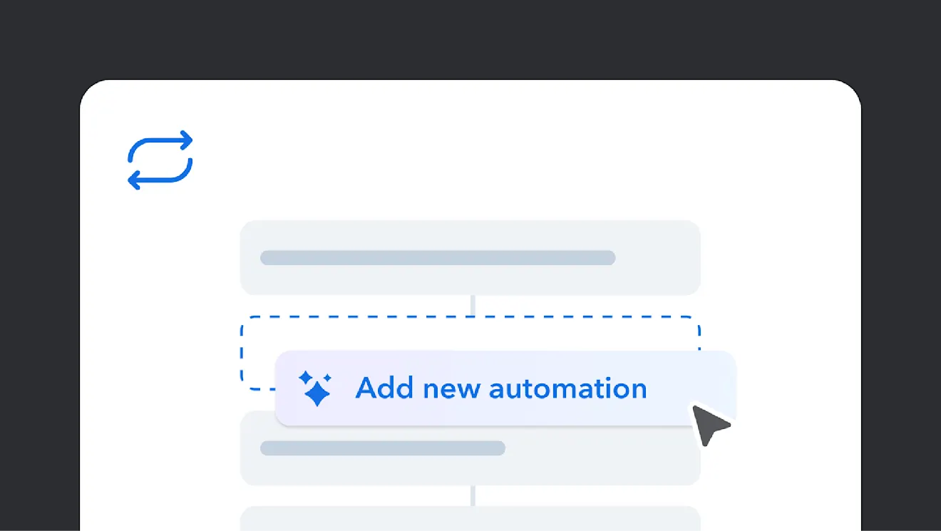 Interface showing "Add new automation" button in blue with a diamond icon, surrounded by light gray placeholder elements