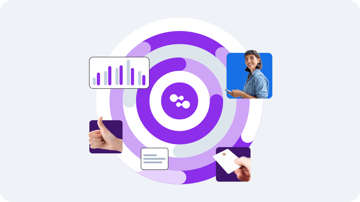 Purple circular design with floating icons showing analytics, thumbs up, and payment card, representing business workflow or user experience
