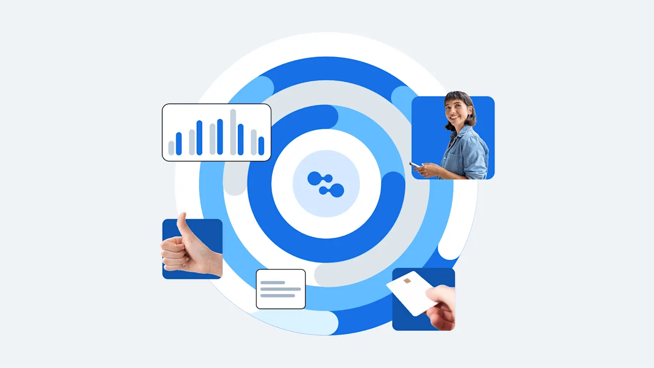 Purple circular design with floating icons showing analytics, thumbs up, and payment card, representing business workflow or user experience
