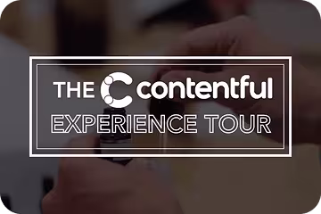 White text logo reading "THE contentful EXPERIENCE TOUR" on a blurred background with square frame design