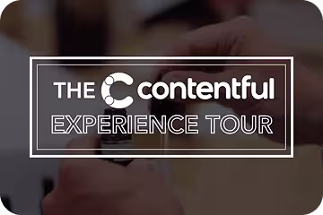 White text logo reading "THE contentful EXPERIENCE TOUR" on a blurred background with square frame design