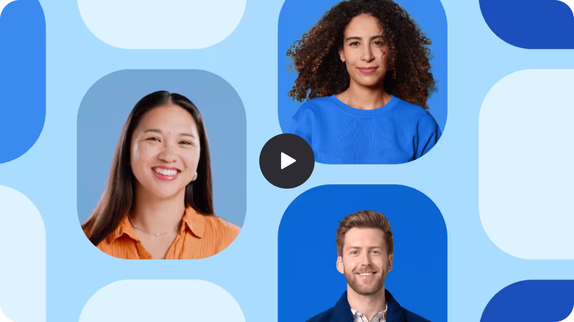 Three smiling people on a blue patterned background with a play button, suggesting a video featuring a diverse group.