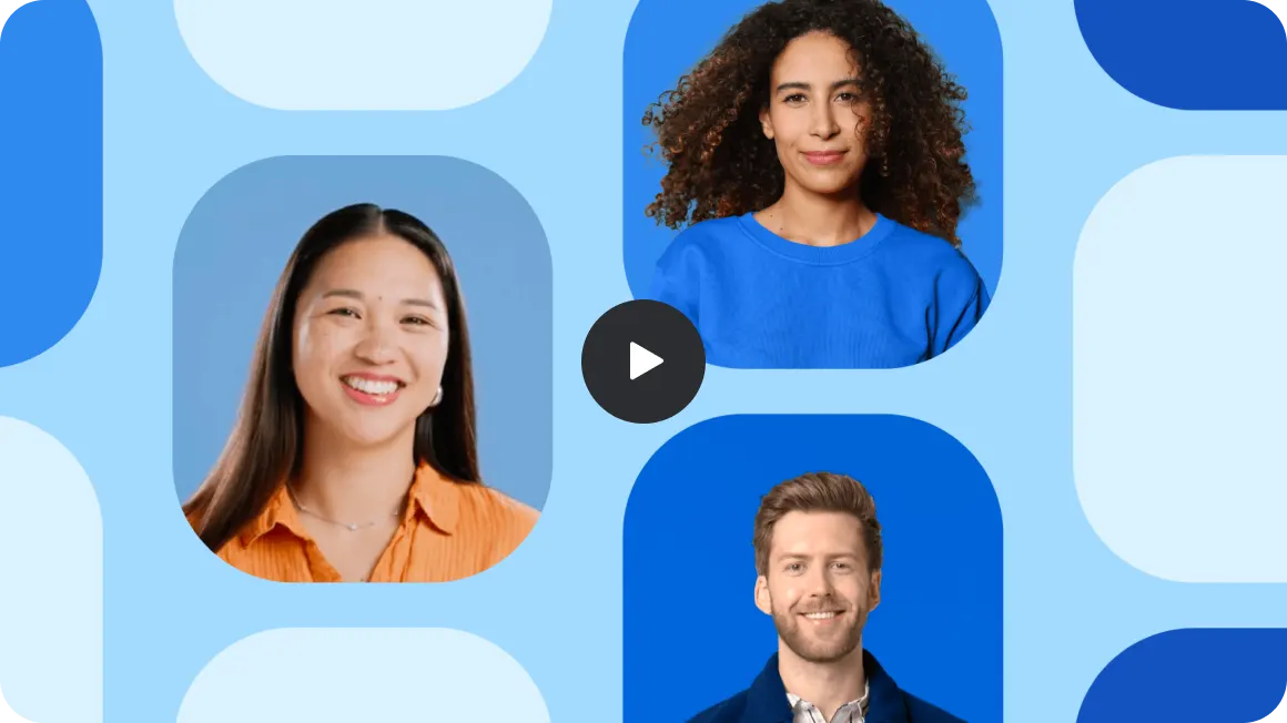 Three smiling people on a blue patterned background with a play button, suggesting a video featuring a diverse group.