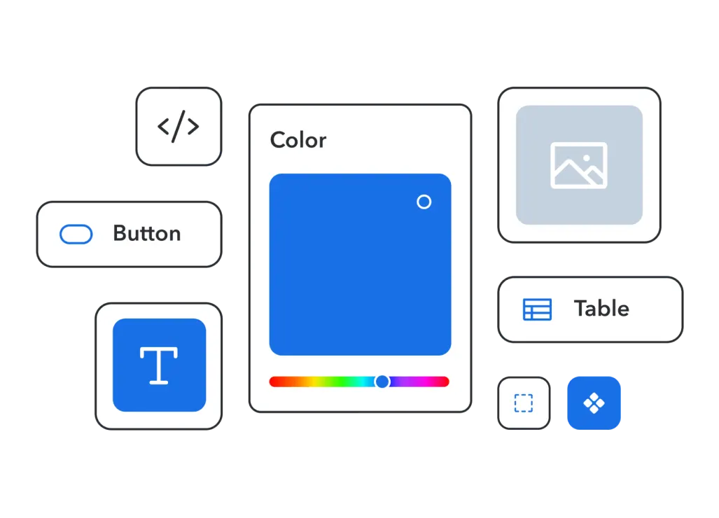 Design interface elements showing code, color picker, button, text, table, and image icons in white and blue against dark background
