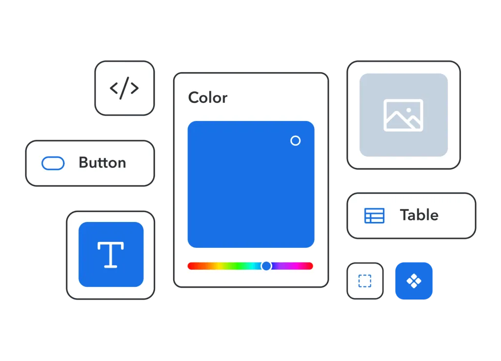 Design interface elements showing code, color picker, button, text, table, and image icons in white and blue against dark background