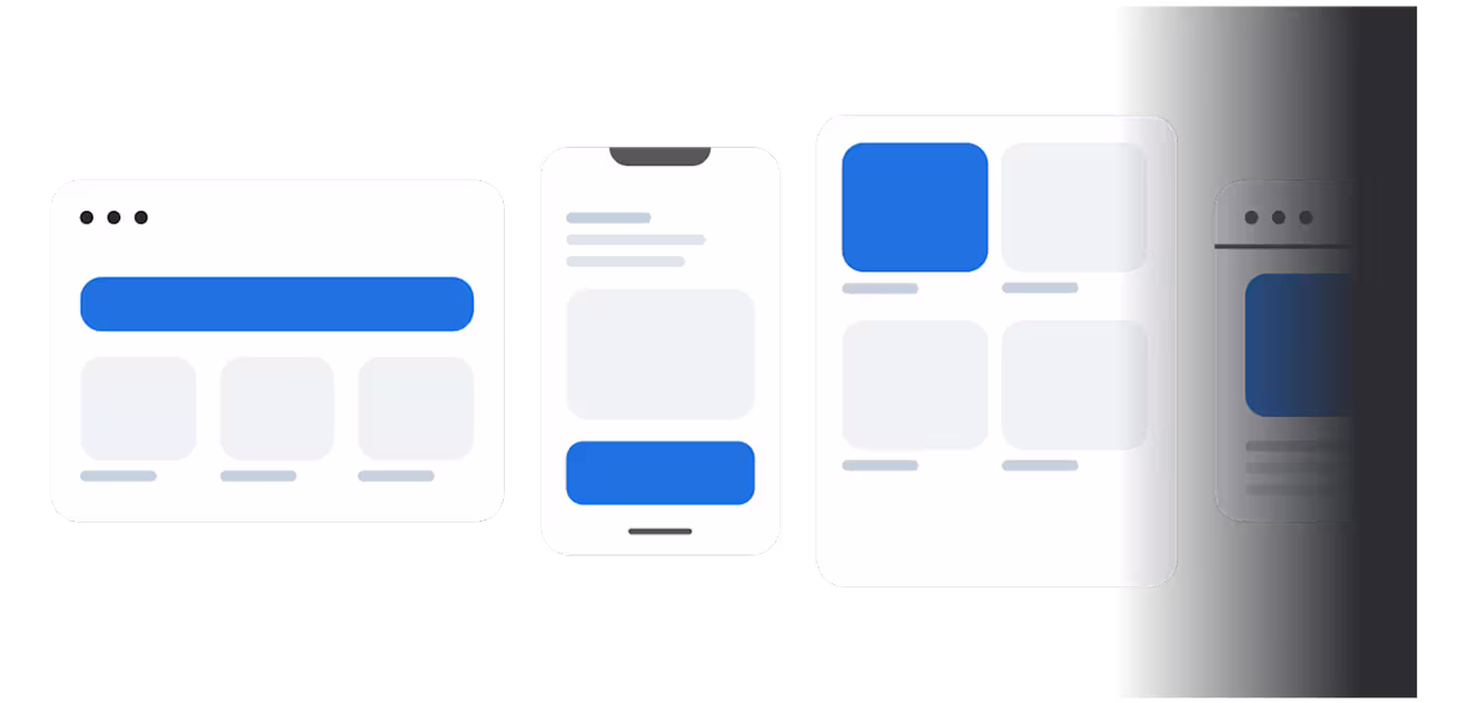 Minimalist illustration of responsive web design across devices: desktop, mobile phone, tablet, and dark mode mobile interface