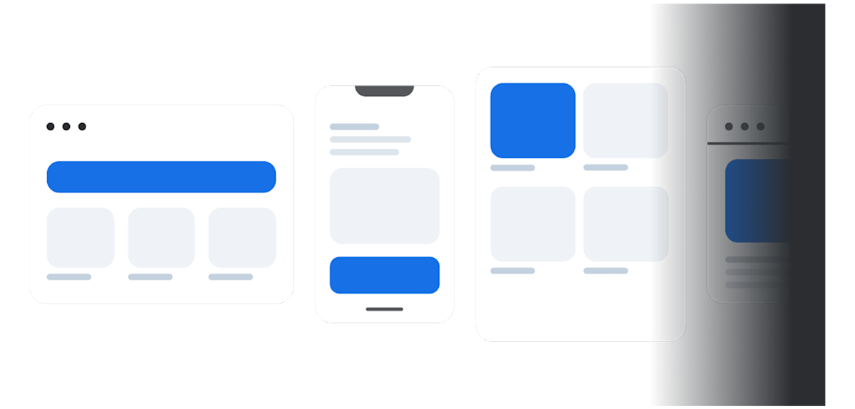 Minimalist illustration of responsive web design across devices: desktop, mobile phone, tablet, and dark mode mobile interface