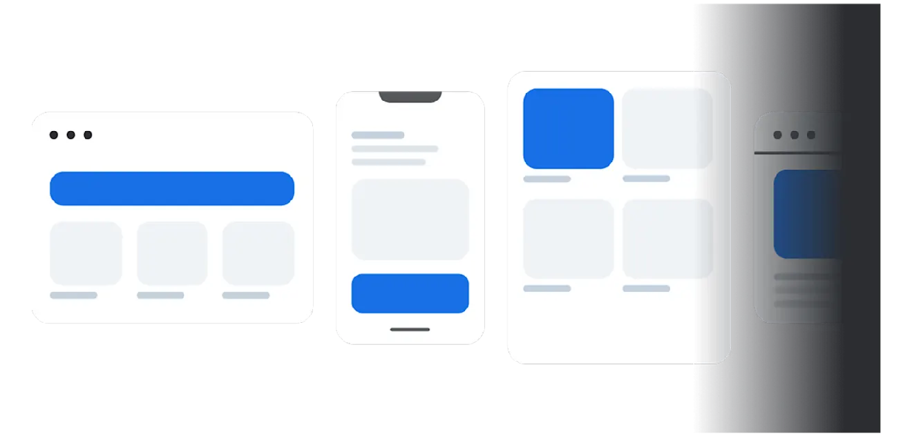 Minimalist illustration of responsive web design across devices: desktop, mobile phone, tablet, and dark mode mobile interface
