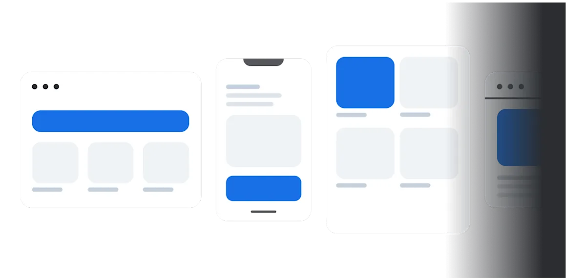 Minimalist illustration of responsive web design across devices: desktop, mobile phone, tablet, and dark mode mobile interface