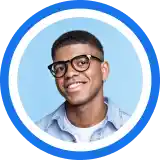 A smiling person wearing glasses and a light blue button-down shirt against a bright blue circular background