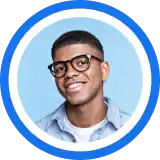 A smiling person wearing glasses and a light blue button-down shirt against a bright blue circular background