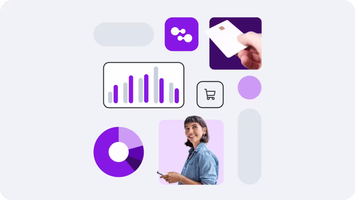Business analytics dashboard with purple charts, shopping cart icon, and payment card graphics on light gray background