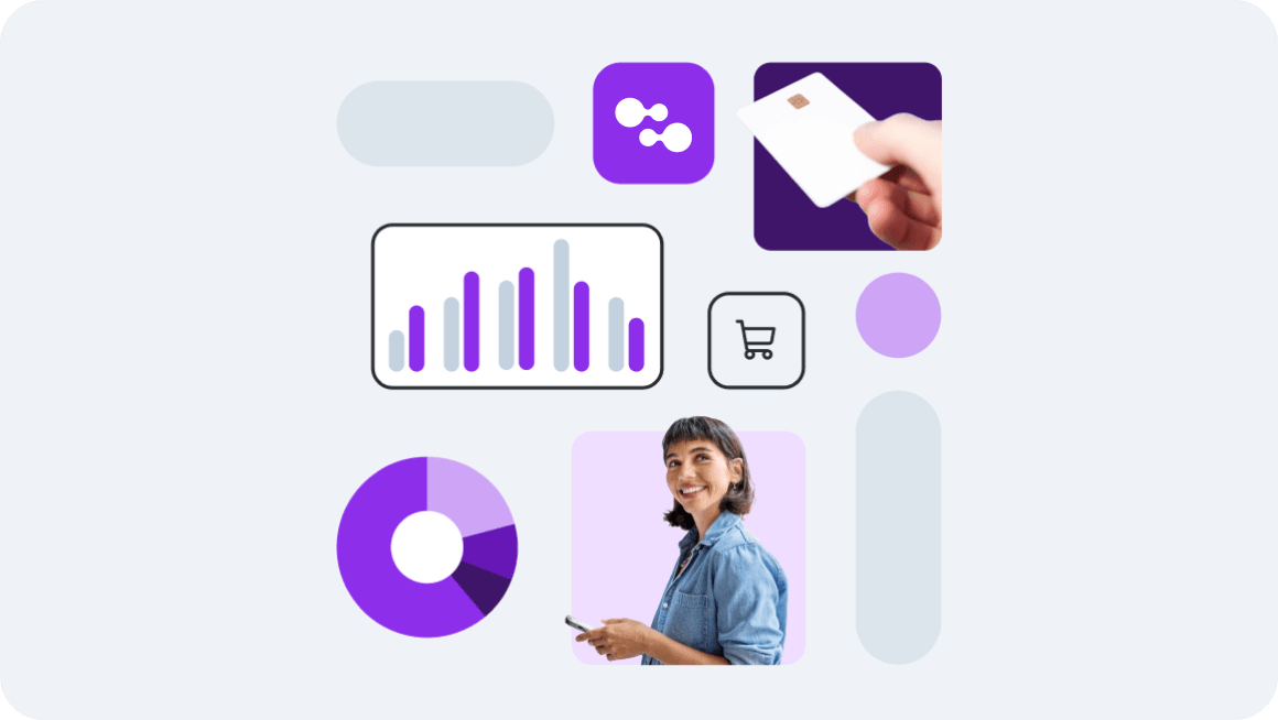 Business analytics dashboard with purple charts, shopping cart icon, and payment card graphics on light gray background