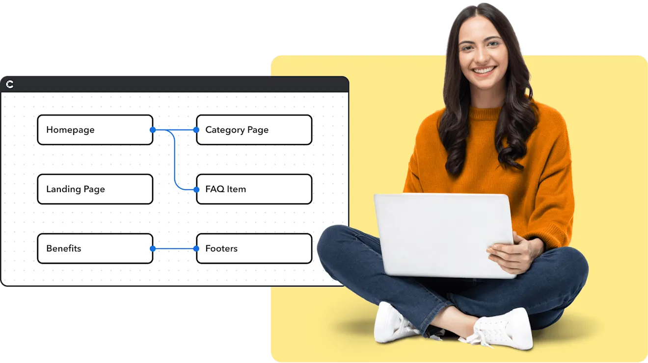 Woman in orange sweater sitting cross-legged with laptop beside a diagram showing linked webpage content types.