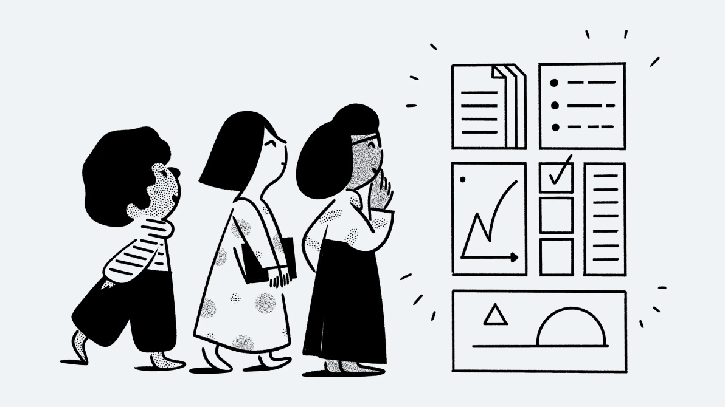 Hand-drawn illustration of three people reviewing a project board with charts and lists