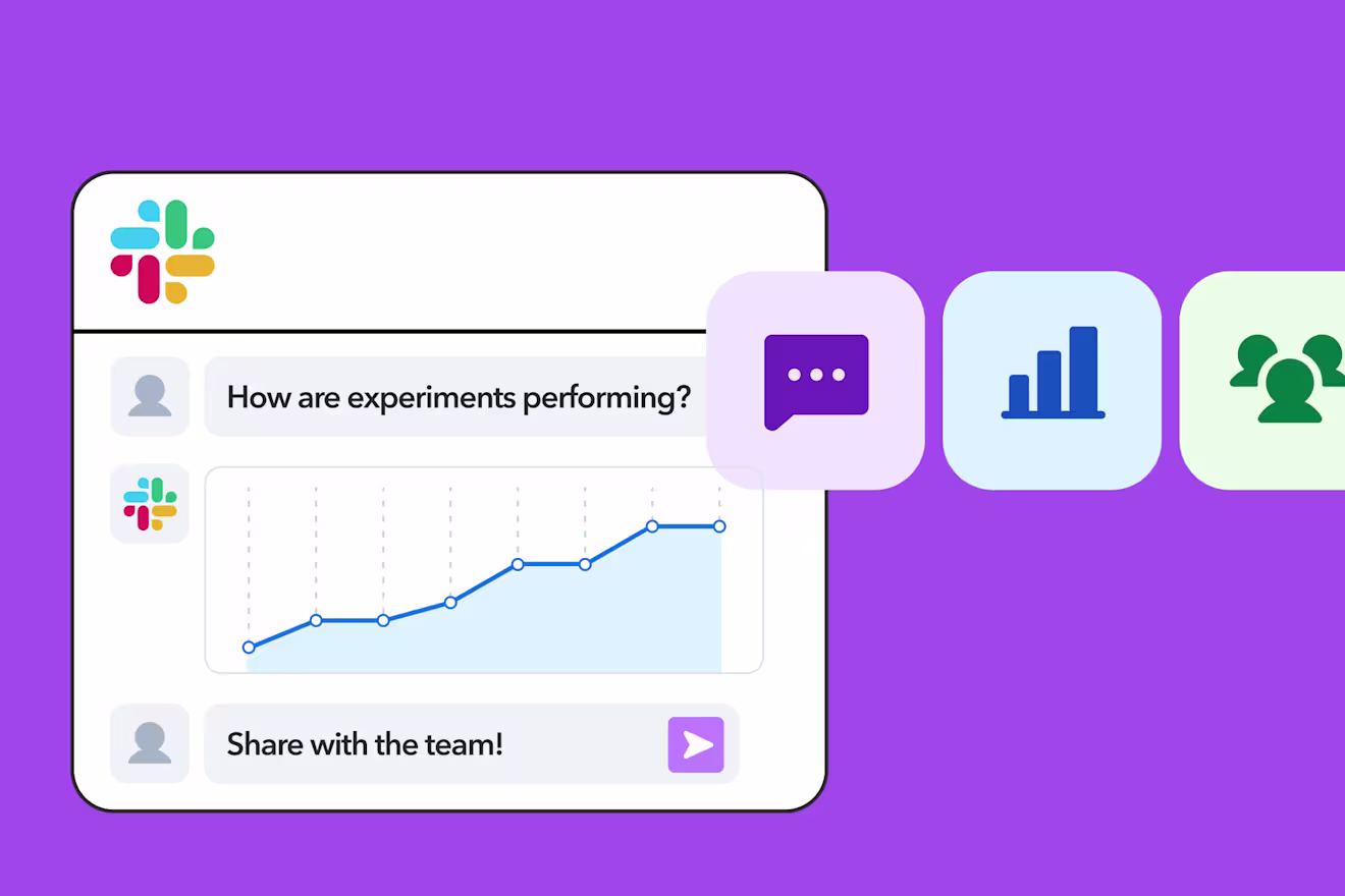 Slack interface showing a rising blue line chart answering "How are experiments performing?" with messaging and analytics icons.