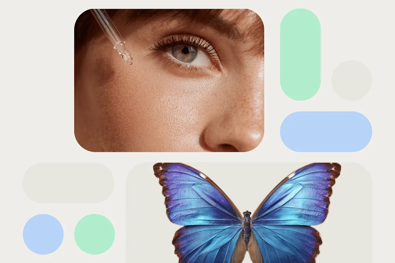 Close-up of an eye with clear eye drops falling onto it, with a bright blue morpho butterfly shown below and pastel circular shapes