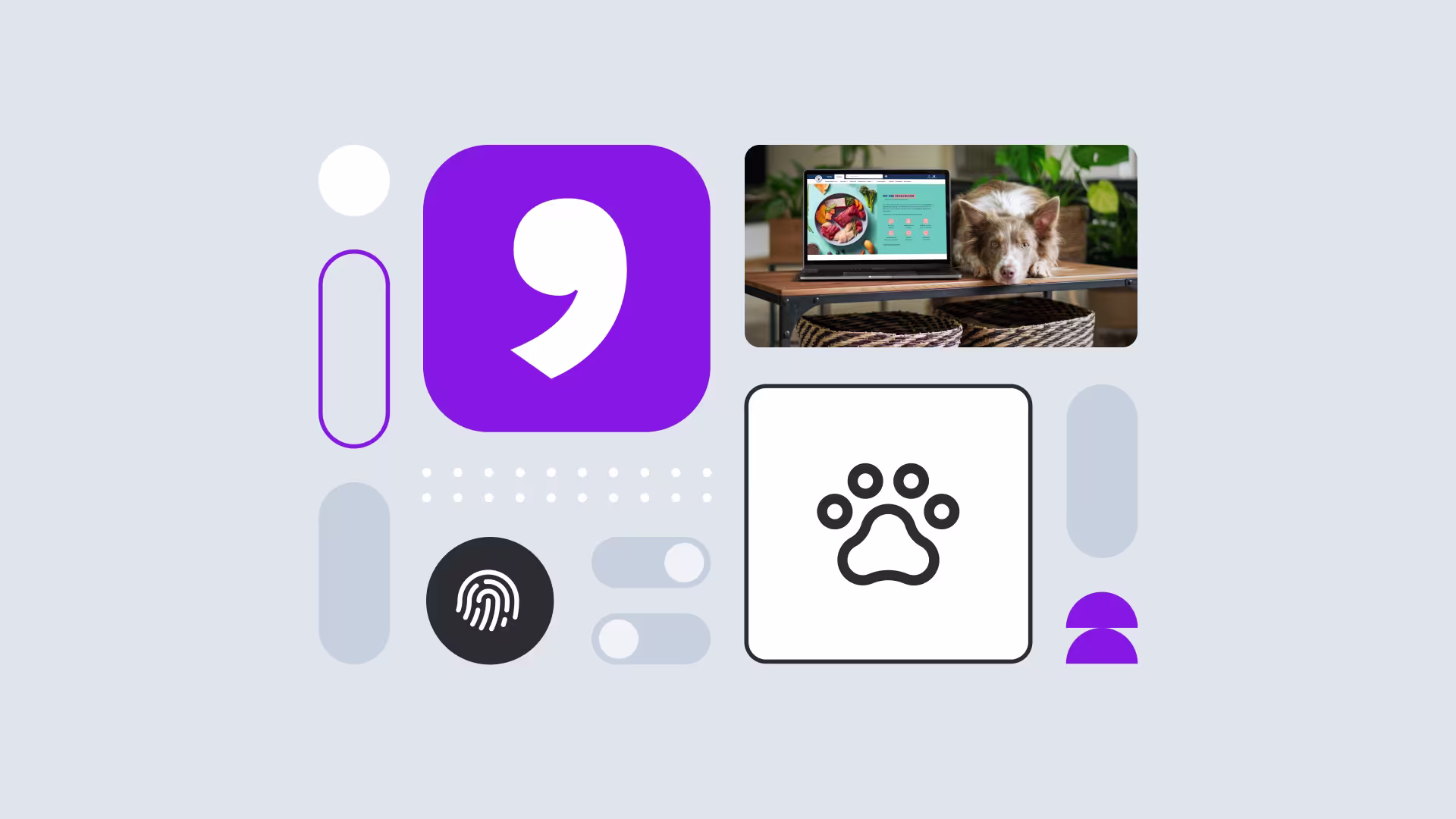 Dog beside laptop showing pet food website collage with paw icon fingerprint toggle and purple quote graphics
