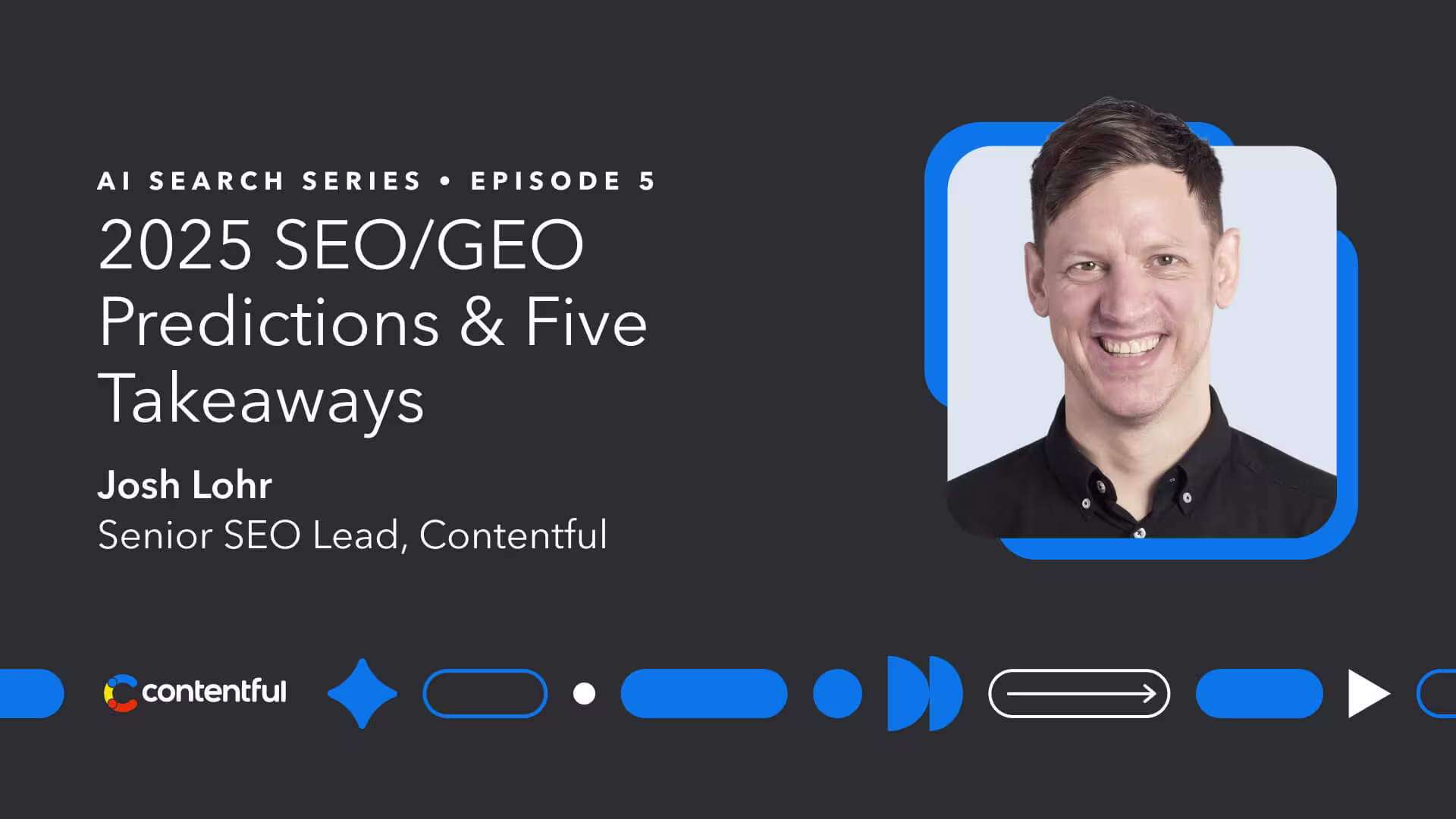 Promotional image for AI Search Series Episode 5 featuring a headshot in a blue frame with text about 2025 SEO/GEO predictions and Contentful branding