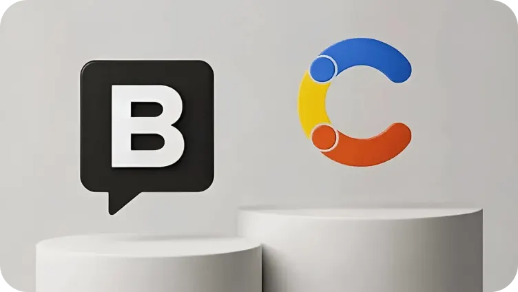 Two 3D logos on pedestals: the Storyblok logo, and a colorful Contentful logo in blue, yellow, and orange on a gray background.