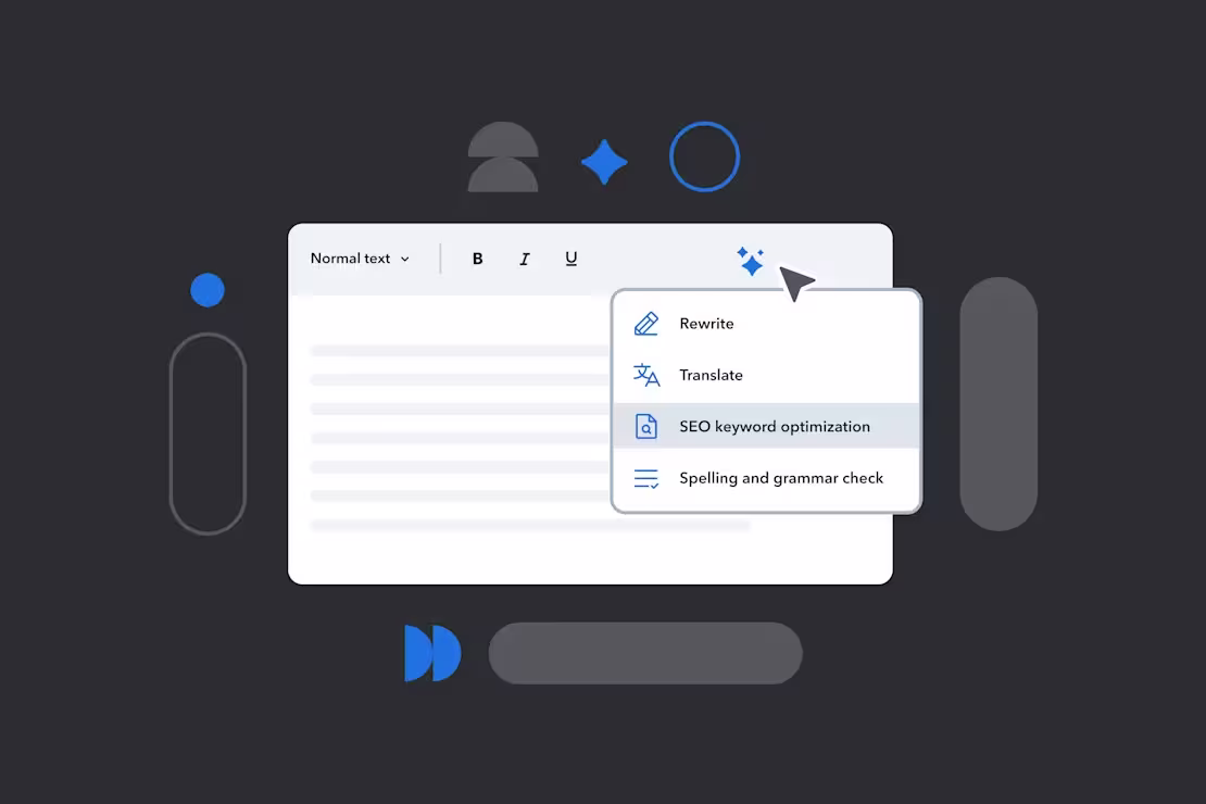 Text editor interface showing a dropdown menu with options for Rewrite, Translate, SEO optimization, and Spelling and grammar check