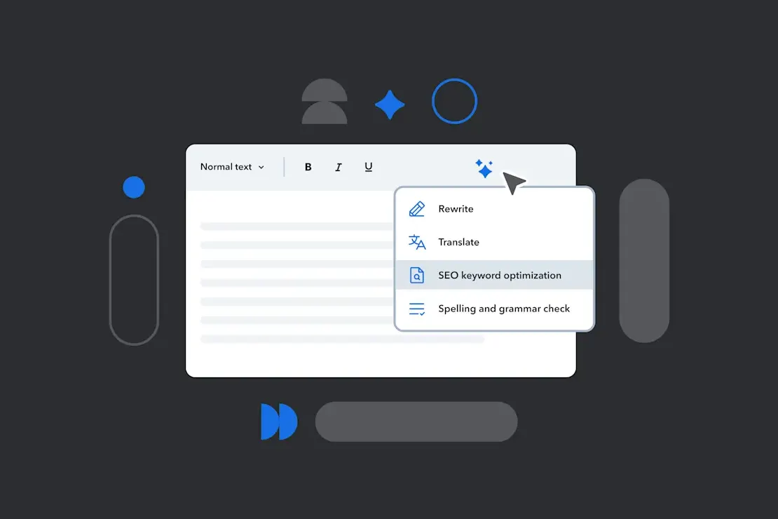 Text editor interface showing a dropdown menu with options for Rewrite, Translate, SEO optimization, and Spelling and grammar check